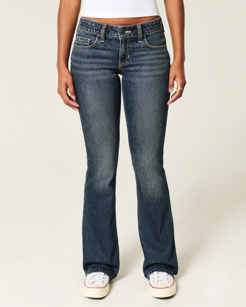 hüftig geschnittene tief gewaschene bootcut-jeans mit stickereien