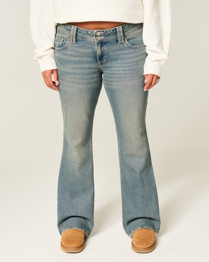 hüftig geschnittene tief gewaschene bootcut-jeans mit stickereien