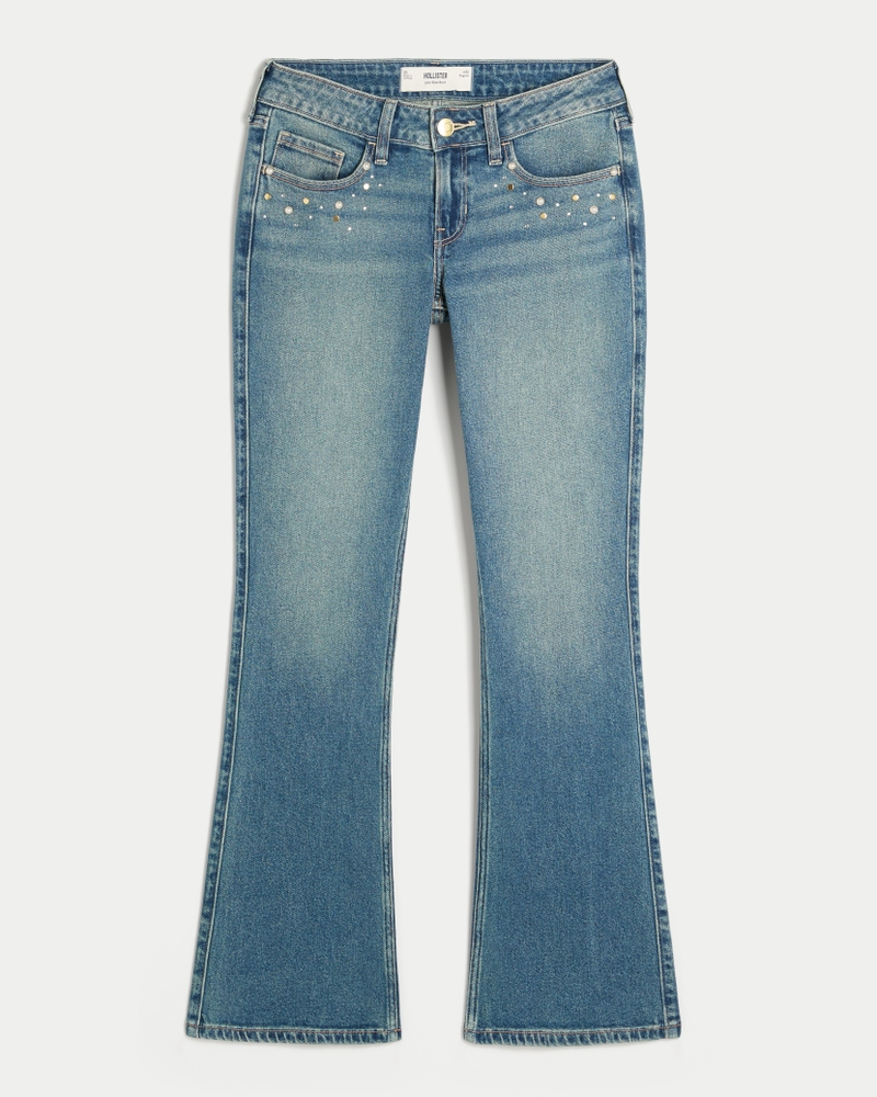 hüftig geschnittene tief gewaschene bootcut-jeans mit stickereien