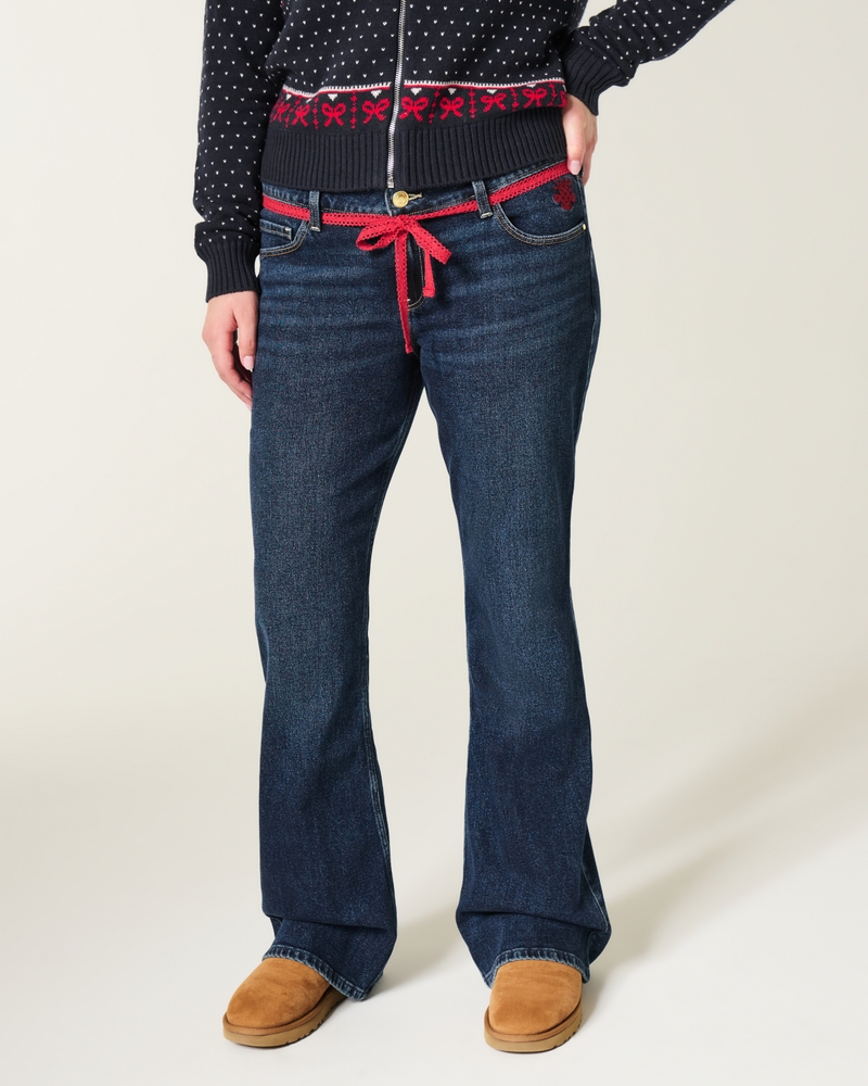 bootcut-jeans mit niedrigem bund schmetterlingsstickerei und mittlerer waschung