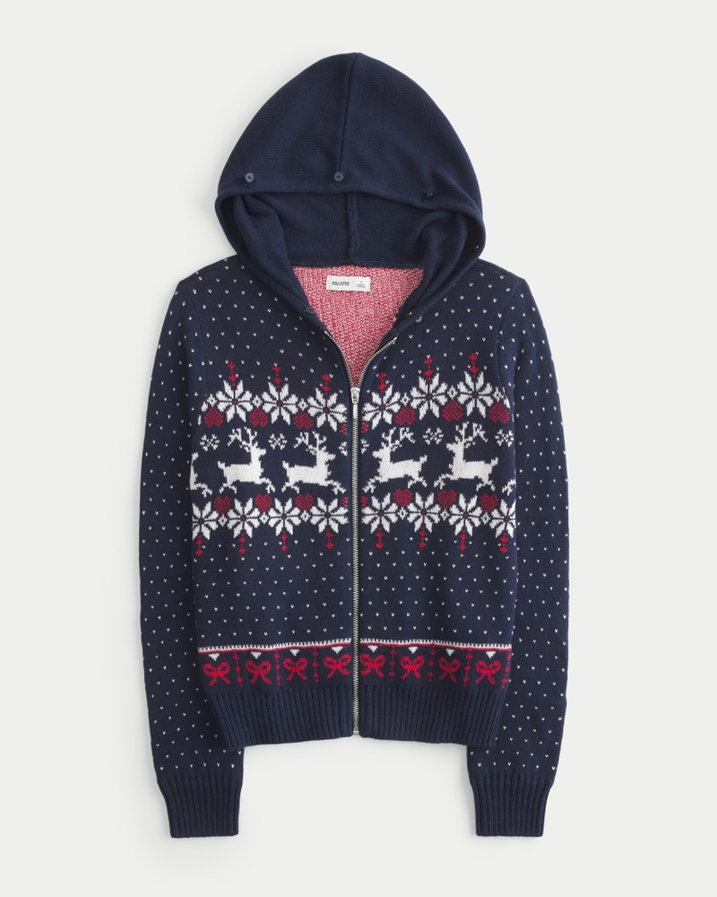 kapuzenpullover mit reißverschluss im fair-isle-stil und kunstpelzbesatz.