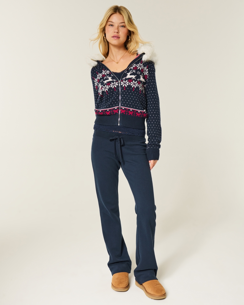 kapuzenpullover mit reißverschluss im fair-isle-stil und kunstpelzbesatz.