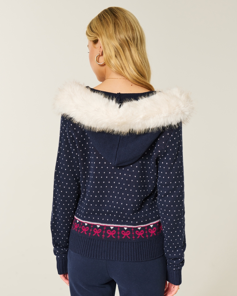 kapuzenpullover mit reißverschluss im fair-isle-stil und kunstpelzbesatz.