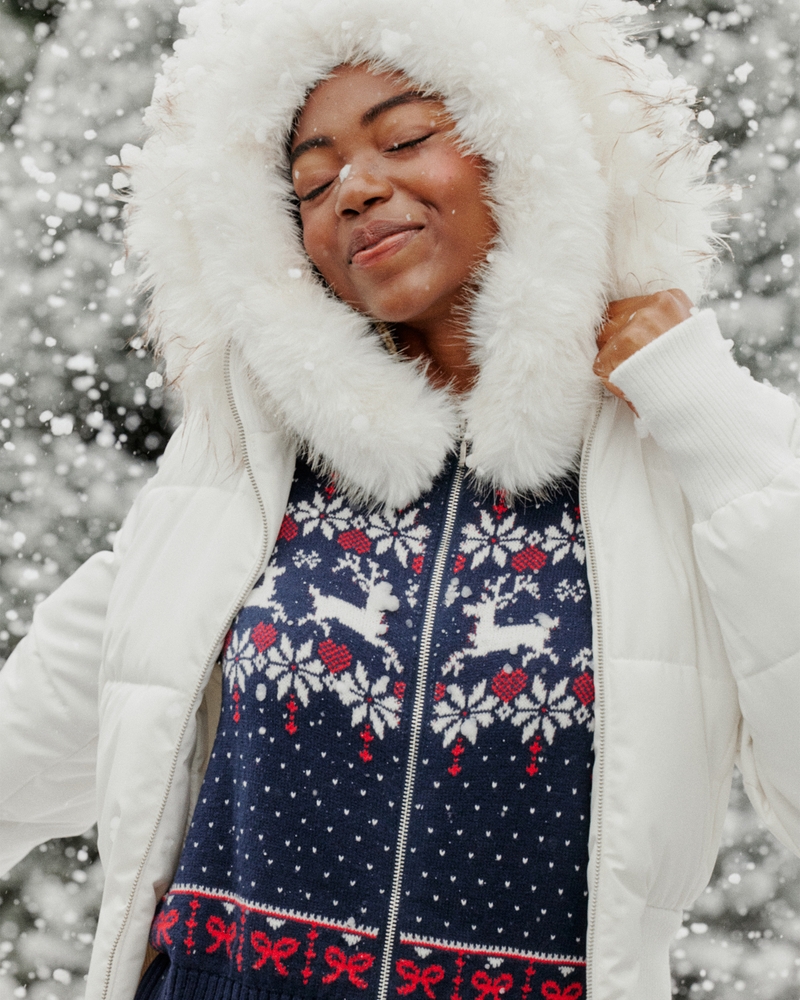 kapuzenpullover mit reißverschluss im fair-isle-stil und kunstpelzbesatz.