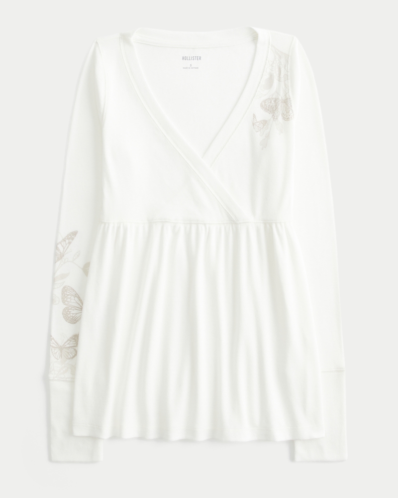 langärmeliges locker sitzendes babydoll-top mit schmetterlingsmuster