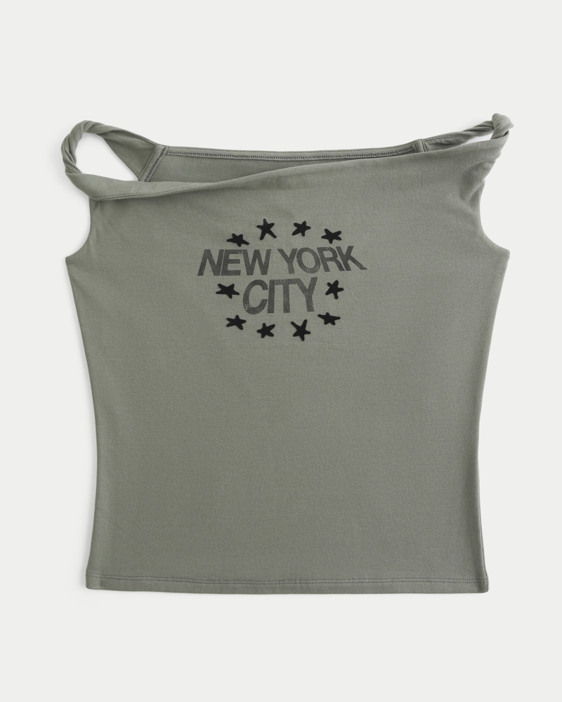 new york city twisted off-shoulder print t-shirt