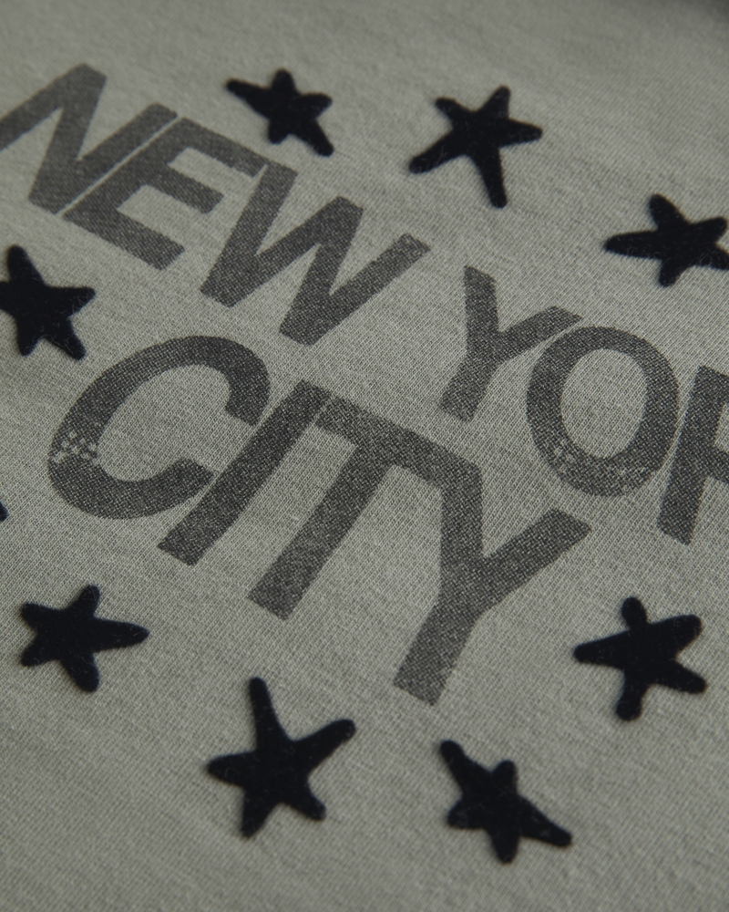 new york city twisted off-shoulder print t-shirt