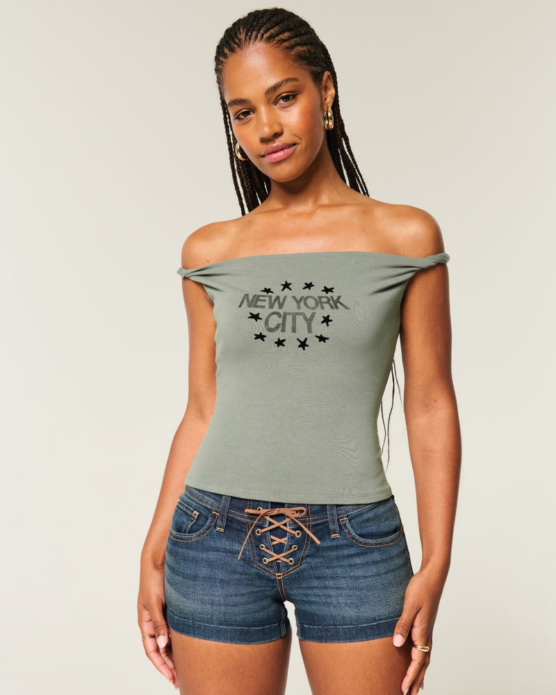 new york city twisted off-shoulder print t-shirt