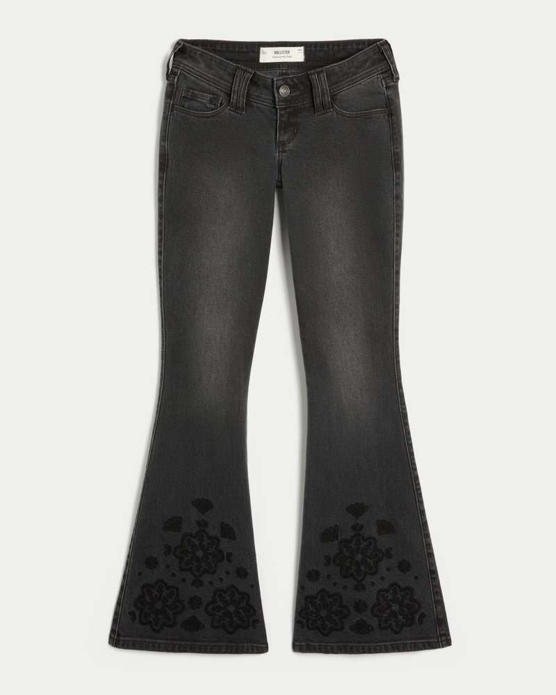 schwarz gewaschene ausgestellte jeans mit niedrigem bund und floraler stickerei