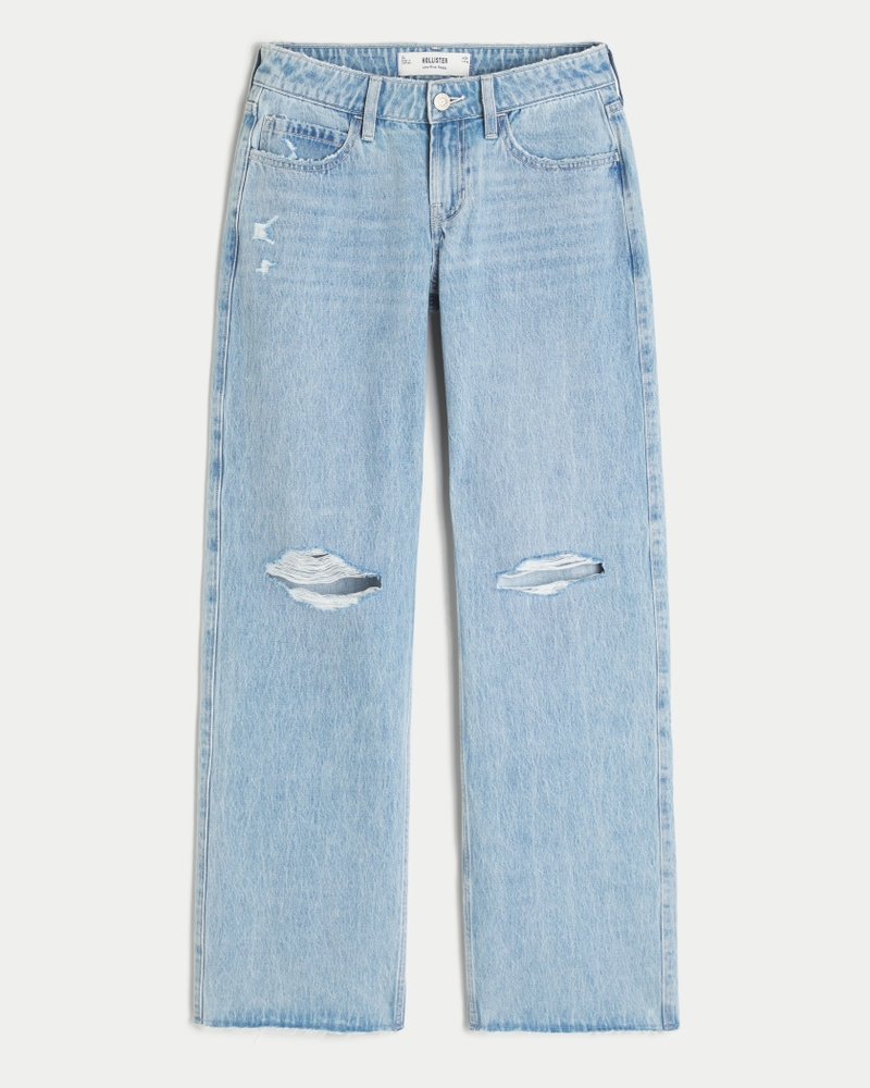 hüftig geschnittene mittelblaue jeans mit gestickten früchten und lockerer passform