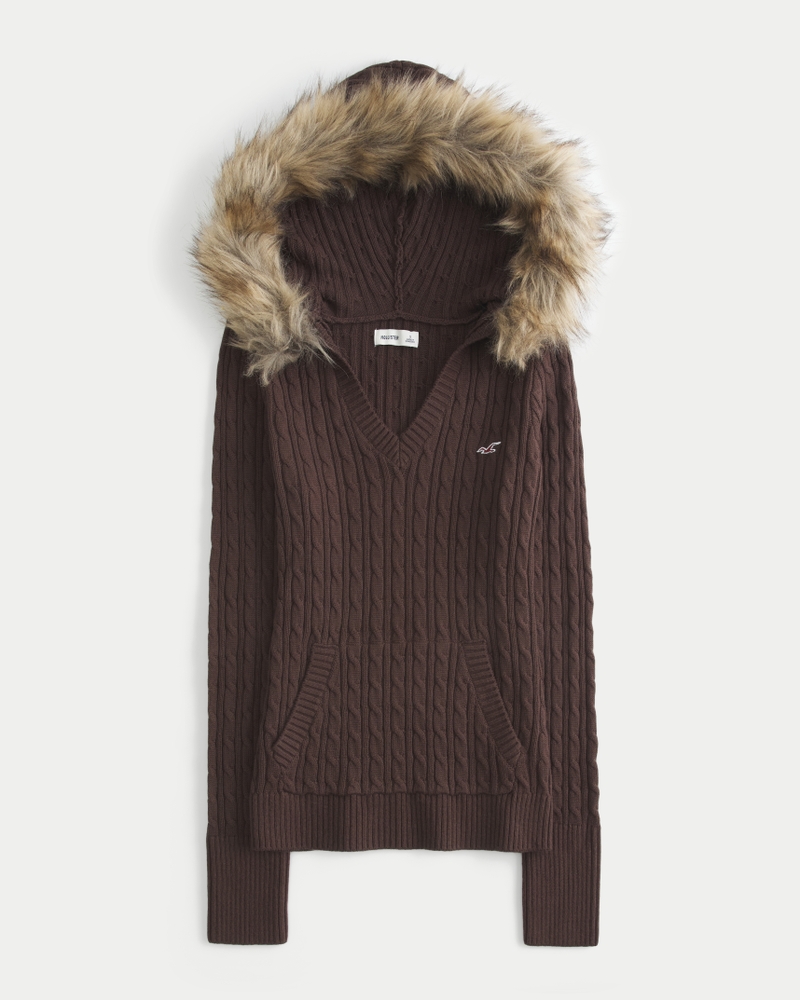 kapuzenpullover mit zopfmuster und kunstpelzbesatz