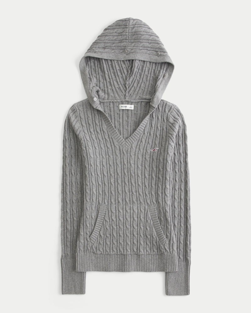 kapuzenpullover mit zopfmuster und kunstpelzbesatz