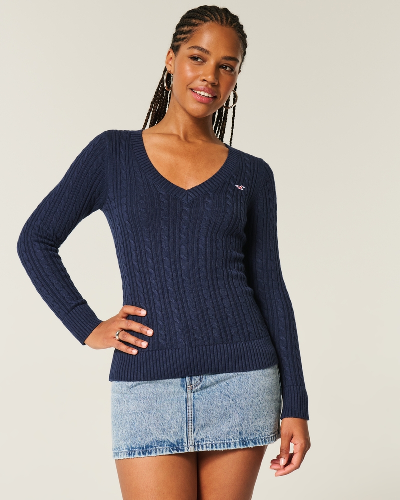 zopfmusterpullover mit v-ausschnitt