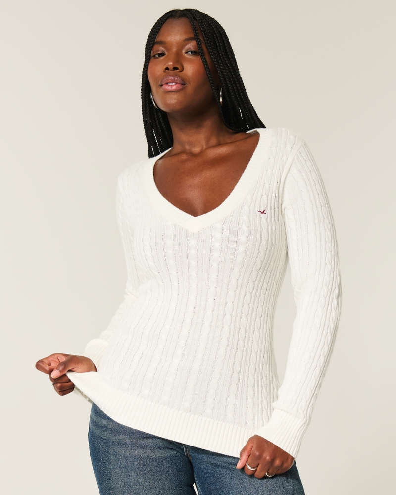 zopfmusterpullover mit v-ausschnitt