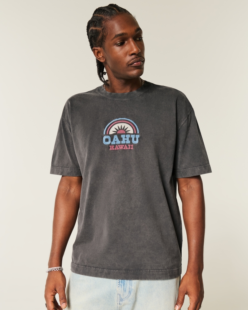quadratisch geschnittenes schweres t-shirt mit oahu-muster