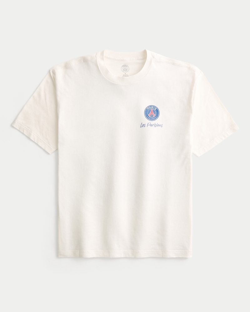 quadratisch geschnittenes t-shirt mit grafik des fußballclubs paris saint-germain
