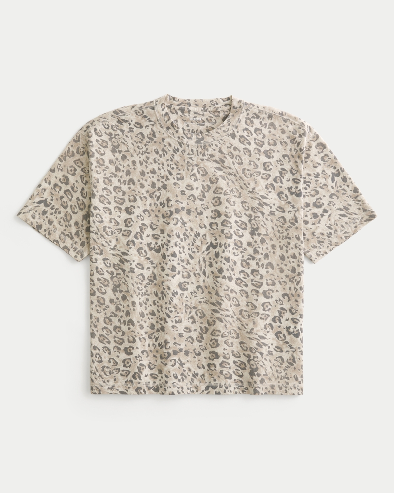 quadratisch geschnittenes kurzes robustes leopardenmuster-t-shirt mit rundhalsausschnitt