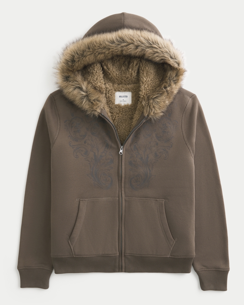 kapuzenpullover mit reißverschluss totenkopfmuster und futter aus kunstfell.