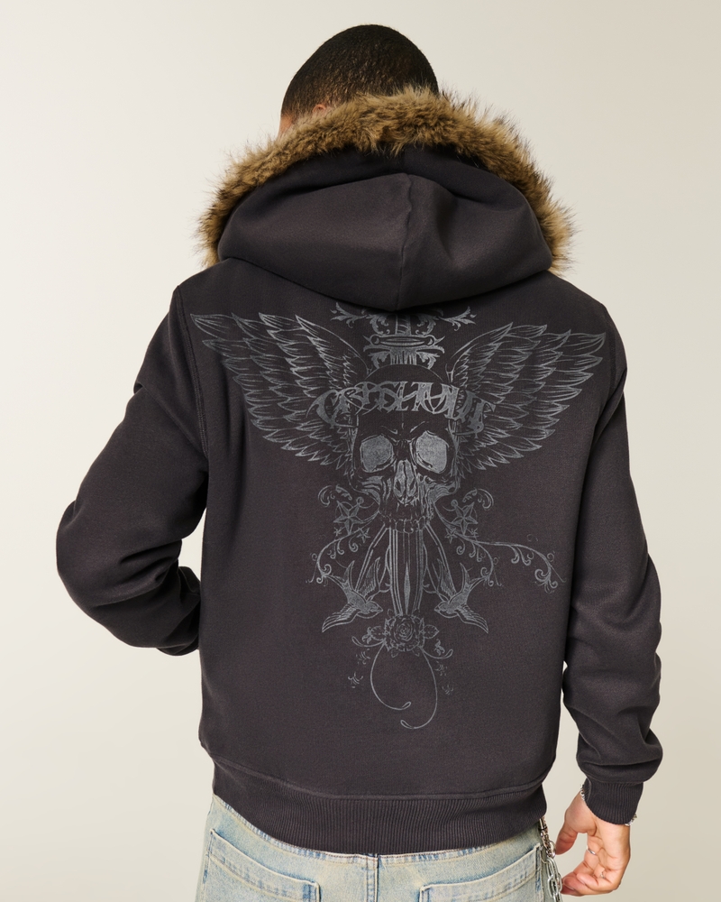 kapuzenpullover mit reißverschluss totenkopfmuster und futter aus kunstfell.