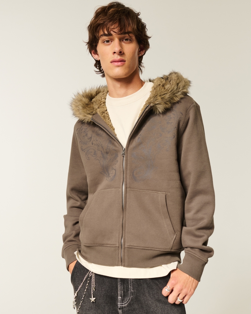 kapuzenpullover mit reißverschluss totenkopfmuster und futter aus kunstfell.