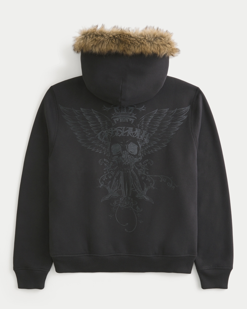 kapuzenpullover mit reißverschluss totenkopfmuster und futter aus kunstfell.