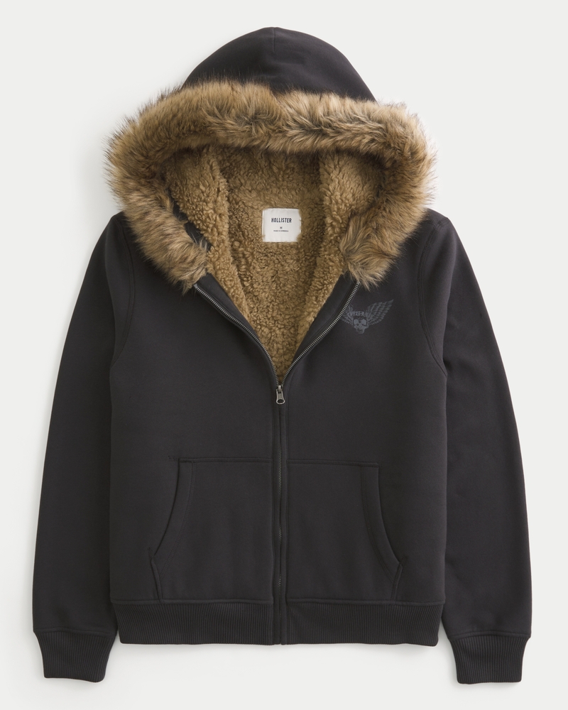 kapuzenpullover mit reißverschluss totenkopfmuster und futter aus kunstfell.