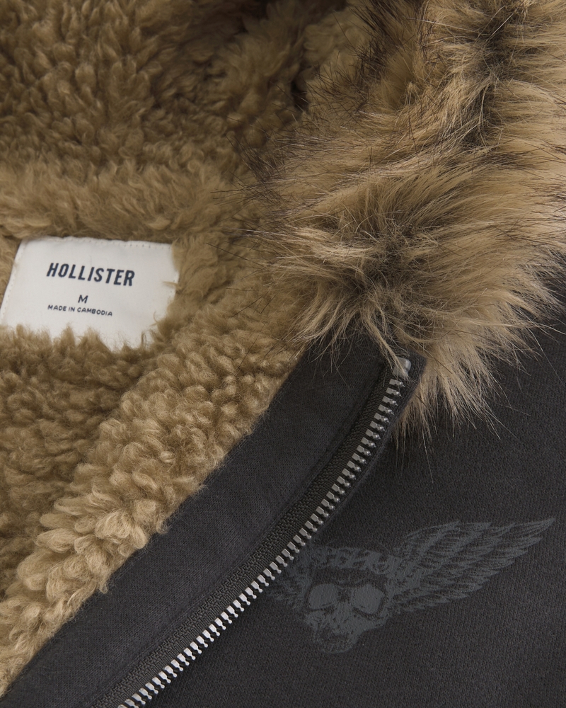 kapuzenpullover mit reißverschluss totenkopfmuster und futter aus kunstfell.